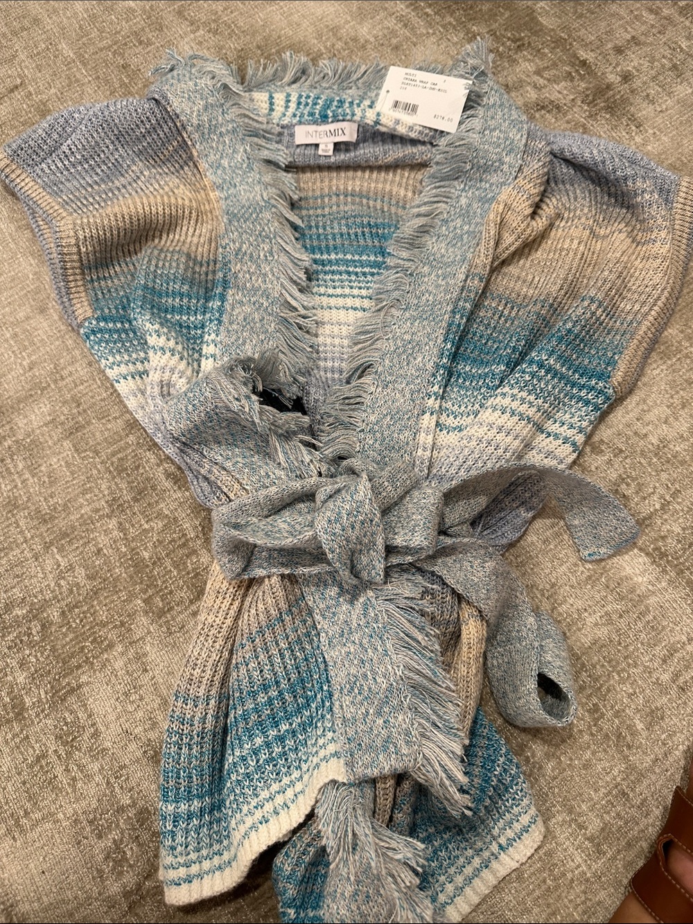 INTERMIX Blue Cream and Tan Striped Fringe Wrap Cardigan
